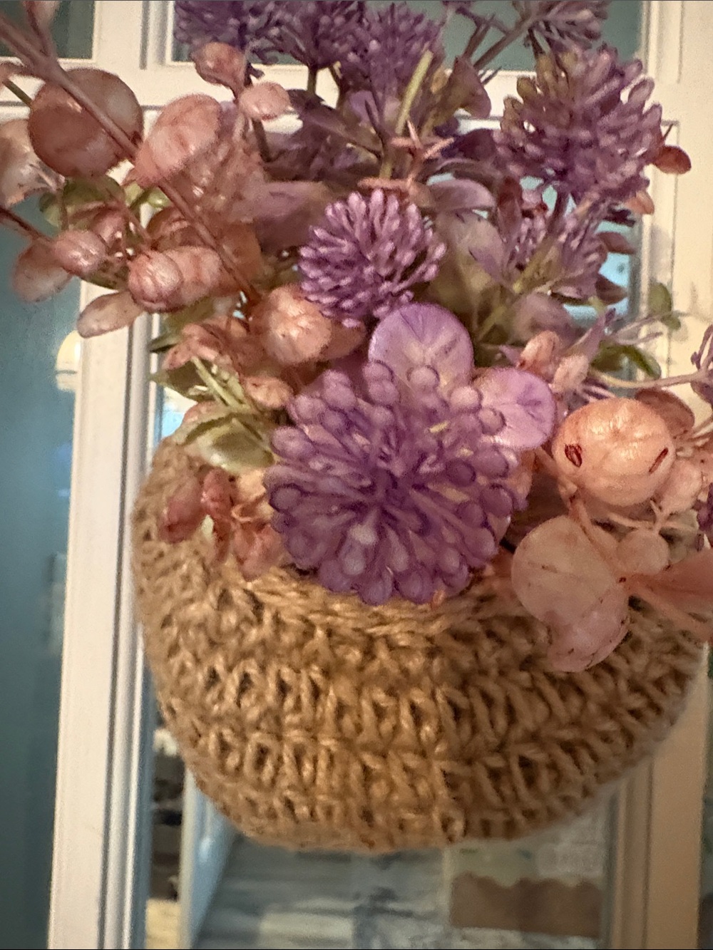Handcrafted Jute Hanging Basket with Purple Faux Floral Arrangement